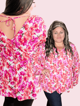 Fiora Kimono Style Top w/Tie Back in Ivory Bright Floral-2- Long Sleeve Tops-WHITE BIRCH-Styled by Stacked - A Plus Size Women's Boutique in Lakeville, MN