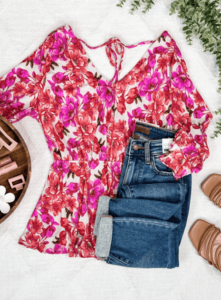 Fiora Kimono Style Top w/Tie Back in Ivory Bright Floral-2- Long Sleeve Tops-WHITE BIRCH-Styled by Stacked - A Plus Size Women's Boutique in Lakeville, MN