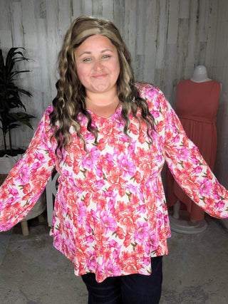 Fiora Kimono Style Top w/Tie Back in Ivory Bright Floral-2- Long Sleeve Tops-WHITE BIRCH-Styled by Stacked - A Plus Size Women's Boutique in Lakeville, MN