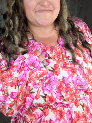 Fiora Kimono Style Top w/Tie Back in Ivory Bright Floral-2- Long Sleeve Tops-WHITE BIRCH-Styled by Stacked - A Plus Size Women's Boutique in Lakeville, MN