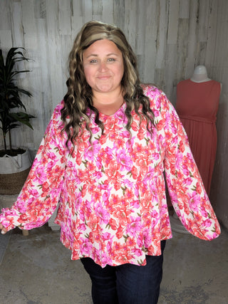 Fiora Kimono Style Top w/Tie Back in Ivory Bright Floral-2- Long Sleeve Tops-WHITE BIRCH-Styled by Stacked - A Plus Size Women's Boutique in Lakeville, MN