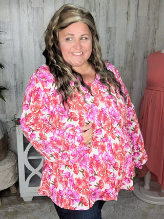 Fiora Kimono Style Top w/Tie Back in Ivory Bright Floral-2- Long Sleeve Tops-WHITE BIRCH-Styled by Stacked - A Plus Size Women's Boutique in Lakeville, MN