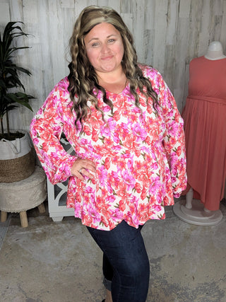 Fiora Kimono Style Top w/Tie Back in Ivory Bright Floral-2- Long Sleeve Tops-WHITE BIRCH-Styled by Stacked - A Plus Size Women's Boutique in Lakeville, MN