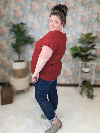 Samantha Short Sleeve Pointelle Sweater Knit Vneck Top-1- ShortSlv/Slvless Tops-BE STAGE-Styled by Stacked - A Plus Size Women's Boutique in Lakeville, MN
