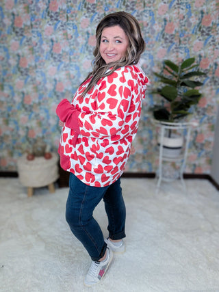Sami Long Sleeve Hooded Top in Red + Ivory Hearts-2- Long Sleeve Tops-HEIMISH-Styled by Stacked - A Plus Size Women's Boutique in Lakeville, MN
