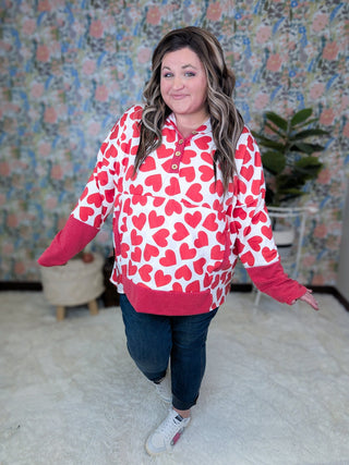 Sami Long Sleeve Hooded Top in Red + Ivory Hearts-2- Long Sleeve Tops-HEIMISH-Styled by Stacked - A Plus Size Women's Boutique in Lakeville, MN