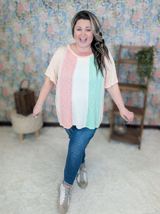 Sara Flowy Sleeve Vertical Colorblock Top-1- ShortSlv/Slvless Tops-HAPTICS-Styled by Stacked - A Plus Size Women's Boutique in Lakeville, MN
