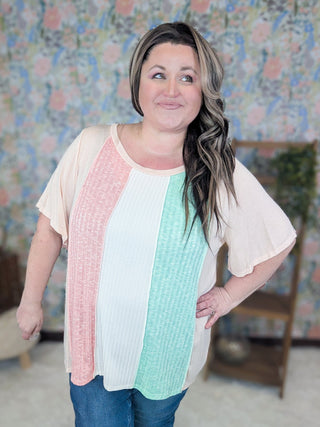 Sara Flowy Sleeve Vertical Colorblock Top-1- ShortSlv/Slvless Tops-HAPTICS-Styled by Stacked - A Plus Size Women's Boutique in Lakeville, MN