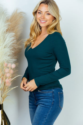 Sarah Vneck Ribbed Top w/Built In Bra-2- Long Sleeve Tops-WHITE BIRCH-Styled by Stacked - A Plus Size Women's Boutique in Lakeville, MN