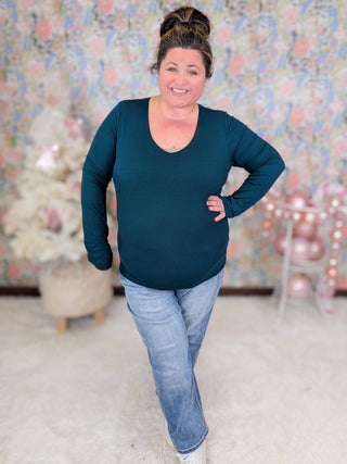 Sarah Vneck Ribbed Top w/Built In Bra-2- Long Sleeve Tops-WHITE BIRCH-Styled by Stacked - A Plus Size Women's Boutique in Lakeville, MN