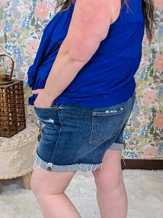 9- Bottoms Denim Sawyer Distressed Denim Shorts w/Cuffed Hem in Medium Darkwash plus size clothing