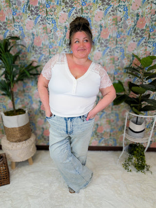 Scout Lace Sleeve Bodysuit in Ivory-1- ShortSlv/Slvless Tops-WHITE BIRCH-Styled by Stacked - A Plus Size Women's Boutique in Lakeville, MN