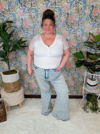 Scout Lace Sleeve Bodysuit in Ivory-1- ShortSlv/Slvless Tops-WHITE BIRCH-Styled by Stacked - A Plus Size Women's Boutique in Lakeville, MN