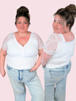 Scout Lace Sleeve Bodysuit in Ivory-1- ShortSlv/Slvless Tops-WHITE BIRCH-Styled by Stacked - A Plus Size Women's Boutique in Lakeville, MN