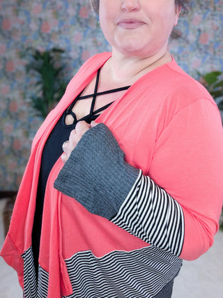 Selah Colorblock Stripe Draped Bottom Cardigan in Stripe + Solid-4- Overlayer Tops-HEIMISH-Styled by Stacked - A Plus Size Women's Boutique in Lakeville, MN