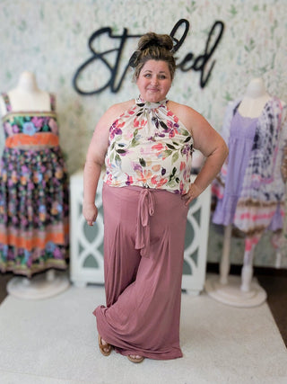 Selena Pull On Wide Leg Slinky Pants in Dark Mauve-10- Bottoms Non-Denim-EMERALD-Styled by Stacked - A Plus Size Women's Boutique in Lakeville, MN