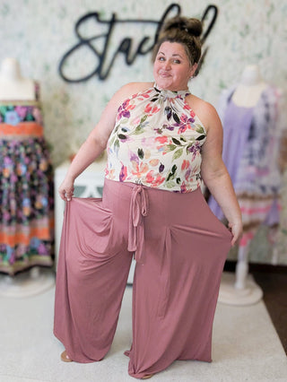 Selena Pull On Wide Leg Slinky Pants in Dark Mauve-10- Bottoms Non-Denim-EMERALD-Styled by Stacked - A Plus Size Women's Boutique in Lakeville, MN