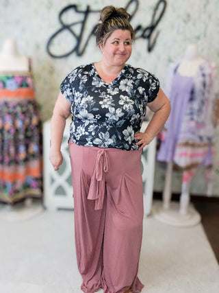 Selena Pull On Wide Leg Slinky Pants in Dark Mauve-10- Bottoms Non-Denim-EMERALD-Styled by Stacked - A Plus Size Women's Boutique in Lakeville, MN