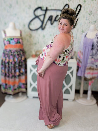 Selena Pull On Wide Leg Slinky Pants in Dark Mauve-10- Bottoms Non-Denim-EMERALD-Styled by Stacked - A Plus Size Women's Boutique in Lakeville, MN