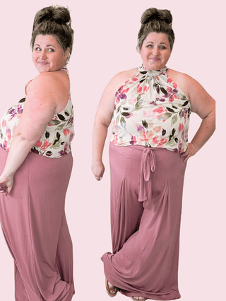 Selena Pull On Wide Leg Slinky Pants in Dark Mauve-10- Bottoms Non-Denim-EMERALD-Styled by Stacked - A Plus Size Women's Boutique in Lakeville, MN