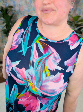 Selma Painted Floral Tank on Navy-1- ShortSlv/Slvless Tops-HEIMISH-Styled by Stacked - A Plus Size Women's Boutique in Lakeville, MN