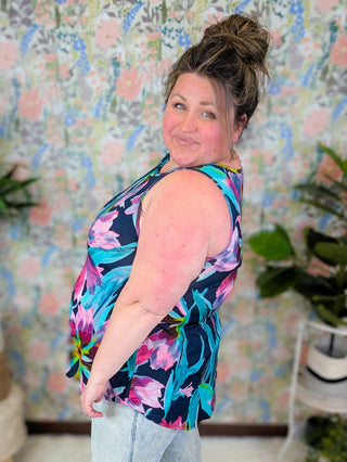 Selma Painted Floral Tank on Navy-1- ShortSlv/Slvless Tops-HEIMISH-Styled by Stacked - A Plus Size Women's Boutique in Lakeville, MN