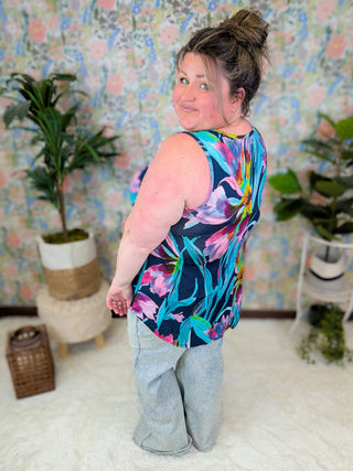 Selma Painted Floral Tank on Navy-1- ShortSlv/Slvless Tops-HEIMISH-Styled by Stacked - A Plus Size Women's Boutique in Lakeville, MN