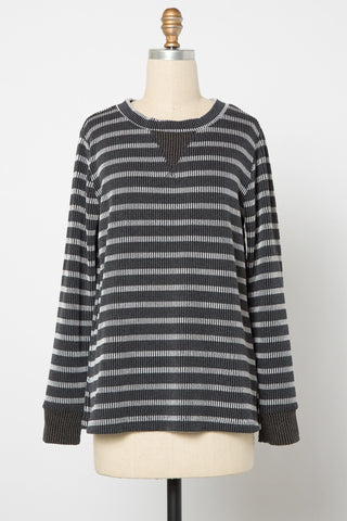 Shannon Striped Urban Rib Long Sleeve in Faded Black-2- Long Sleeve Tops-BE STAGE-Styled by Stacked - A Plus Size Women's Boutique in Lakeville, MN