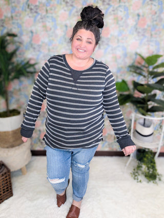 Shannon Striped Urban Rib Long Sleeve in Faded Black-2- Long Sleeve Tops-BE STAGE-Styled by Stacked - A Plus Size Women's Boutique in Lakeville, MN