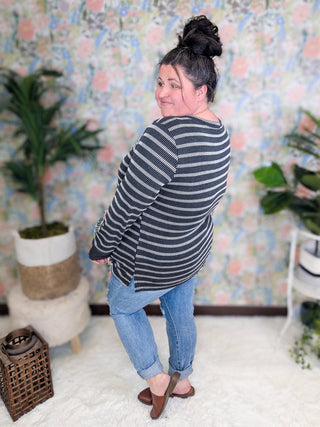 Shannon Striped Urban Rib Long Sleeve in Faded Black-2- Long Sleeve Tops-BE STAGE-Styled by Stacked - A Plus Size Women's Boutique in Lakeville, MN