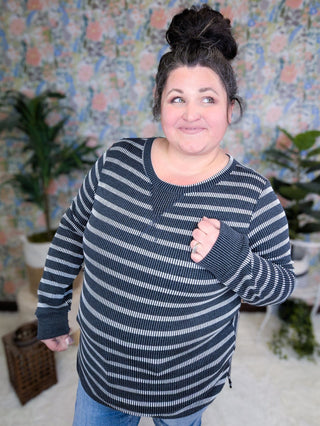 Shannon Striped Urban Rib Long Sleeve in Faded Black-2- Long Sleeve Tops-BE STAGE-Styled by Stacked - A Plus Size Women's Boutique in Lakeville, MN