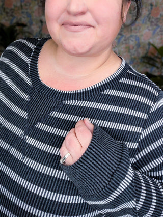 Shannon Striped Urban Rib Long Sleeve in Faded Black-2- Long Sleeve Tops-BE STAGE-Styled by Stacked - A Plus Size Women's Boutique in Lakeville, MN