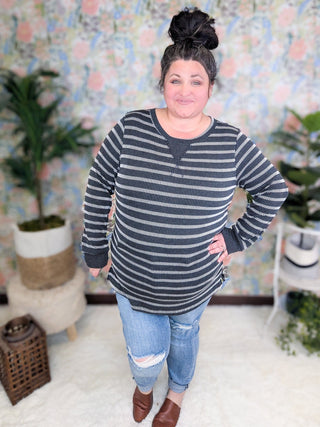 Shannon Striped Urban Rib Long Sleeve in Faded Black-2- Long Sleeve Tops-BE STAGE-Styled by Stacked - A Plus Size Women's Boutique in Lakeville, MN