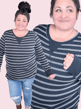 Shannon Striped Urban Rib Long Sleeve in Faded Black-2- Long Sleeve Tops-BE STAGE-Styled by Stacked - A Plus Size Women's Boutique in Lakeville, MN
