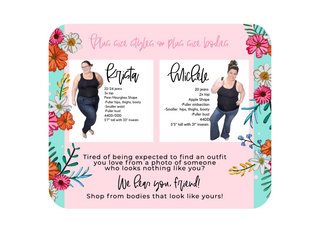 Plus sized styles on plus size bodies! Tired of being expected to find an outfit you love from a photo of someone who looks nothing like you? We hear you friend! Shop from bodies that look like yours! 