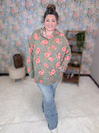 Shawn Urban Ribbed Hooded Pullover in Olive Floral-3- Hooded Tops-HEIMISH-Styled by Stacked - A Plus Size Women's Boutique in Lakeville, MN