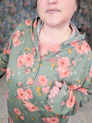 Shawn Urban Ribbed Hooded Pullover in Olive Floral-3- Hooded Tops-HEIMISH-Styled by Stacked - A Plus Size Women's Boutique in Lakeville, MN