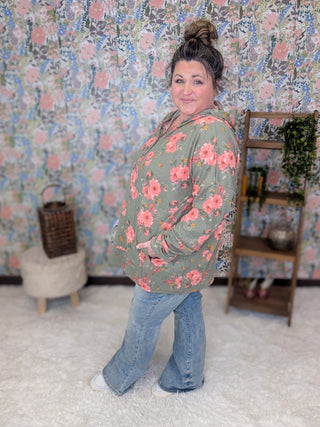 Shawn Urban Ribbed Hooded Pullover in Olive Floral-3- Hooded Tops-HEIMISH-Styled by Stacked - A Plus Size Women's Boutique in Lakeville, MN