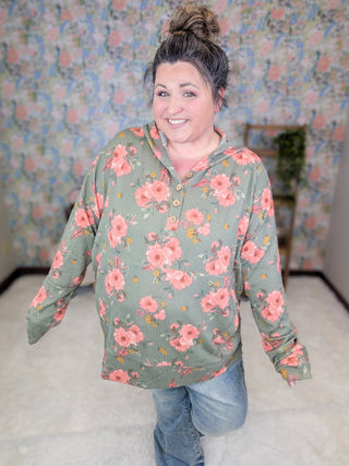 Shawn Urban Ribbed Hooded Pullover in Olive Floral-3- Hooded Tops-HEIMISH-Styled by Stacked - A Plus Size Women's Boutique in Lakeville, MN