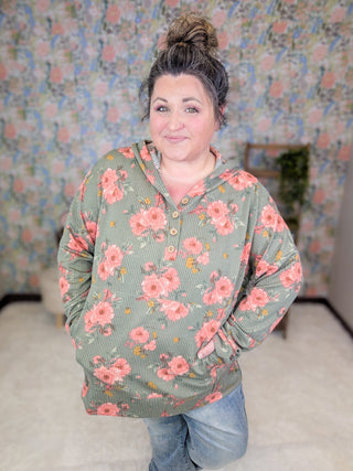 Shawn Urban Ribbed Hooded Pullover in Olive Floral-3- Hooded Tops-HEIMISH-Styled by Stacked - A Plus Size Women's Boutique in Lakeville, MN
