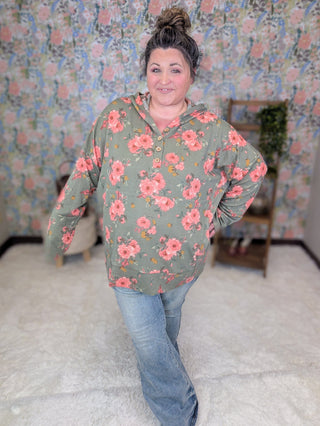 Shawn Urban Ribbed Hooded Pullover in Olive Floral-3- Hooded Tops-HEIMISH-Styled by Stacked - A Plus Size Women's Boutique in Lakeville, MN