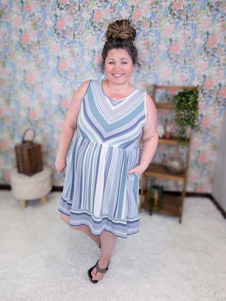 11- Dress/Romp/Jump Shawna Switching Stripe Sleeveless Dress in Seafoam + Gray plus size clothing