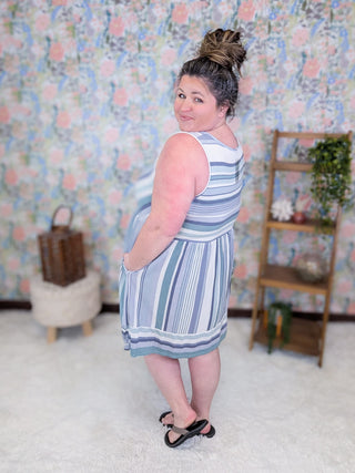 11- Dress/Romp/Jump Shawna Switching Stripe Sleeveless Dress in Seafoam + Gray plus size clothing