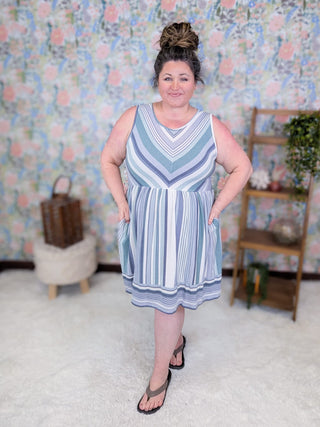 11- Dress/Romp/Jump Shawna Switching Stripe Sleeveless Dress in Seafoam + Gray plus size clothing