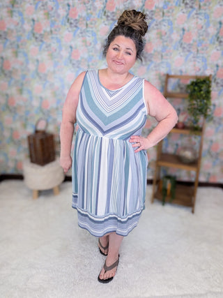 11- Dress/Romp/Jump Shawna Switching Stripe Sleeveless Dress in Seafoam + Gray plus size clothing