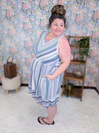11- Dress/Romp/Jump Shawna Switching Stripe Sleeveless Dress in Seafoam + Gray plus size clothing