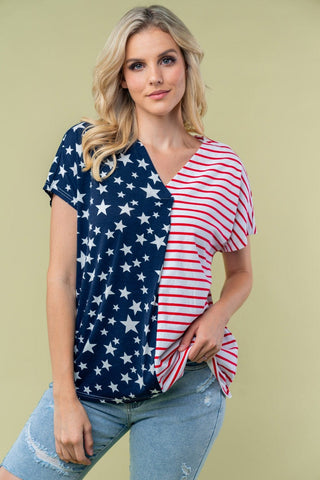 ***Shawnee Stars + Stripes Split Print Vneck Top-1- ShortSlv/Slvless Tops-WHITE BIRCH-Styled by Stacked - A Plus Size Women's Boutique in Lakeville, MN