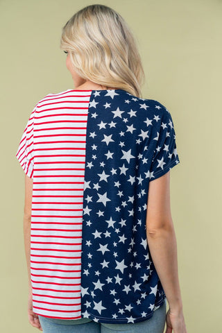 ***Shawnee Stars + Stripes Split Print Vneck Top-1- ShortSlv/Slvless Tops-WHITE BIRCH-Styled by Stacked - A Plus Size Women's Boutique in Lakeville, MN