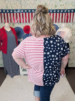 ***Shawnee Stars + Stripes Split Print Vneck Top-1- ShortSlv/Slvless Tops-WHITE BIRCH-Styled by Stacked - A Plus Size Women's Boutique in Lakeville, MN