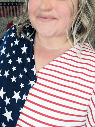 ***Shawnee Stars + Stripes Split Print Vneck Top-1- ShortSlv/Slvless Tops-WHITE BIRCH-Styled by Stacked - A Plus Size Women's Boutique in Lakeville, MN